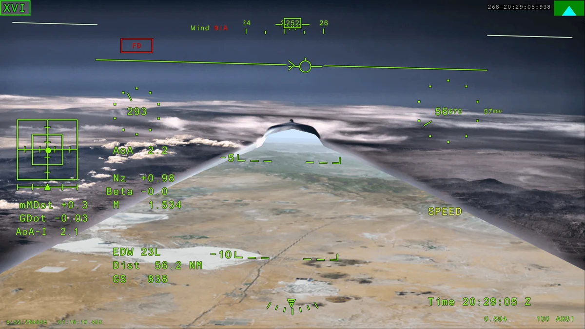 September 2026 flight test, external vision system screen — NASA Mach 1.53 test flight data on the X-59 external vision system screen